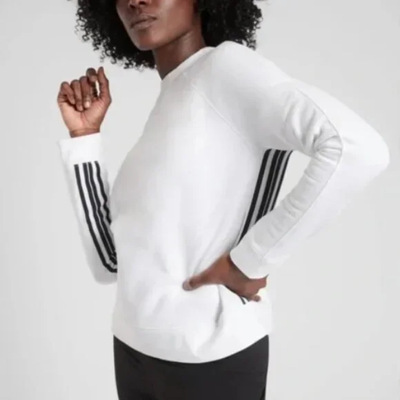 Athleta White Pullover Sweatshirt Women’s Size Large, Black Stripe Casual Lounge - Picture 2 of 8